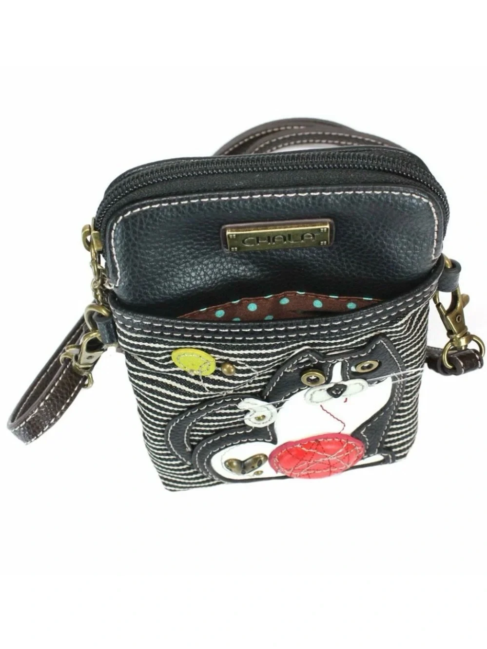 Chala Black Striped Crossbody with Cat Appliqué and Red Ball NWT